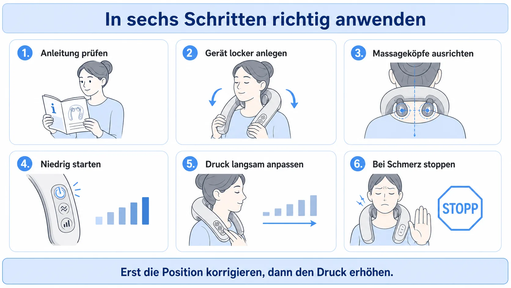 Nackenmassagegerät in sechs Schritten richtig positionieren