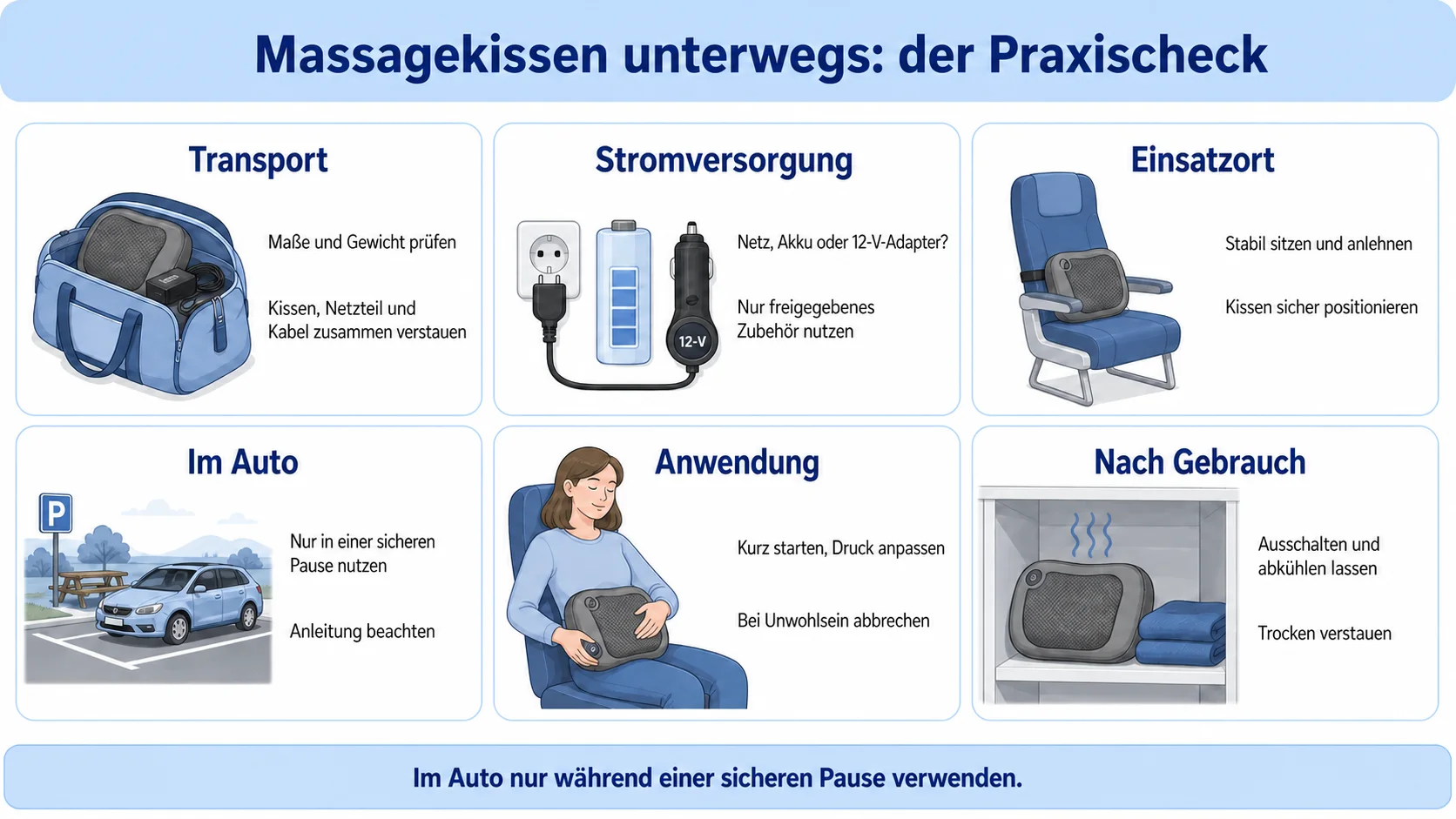 Massagekissen auf Reisen transportieren, mit passender Stromversorgung betreiben und sicher anwenden