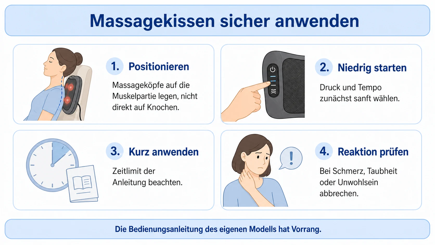 Vier Schritte zur sicheren Anwendung eines Massagekissens